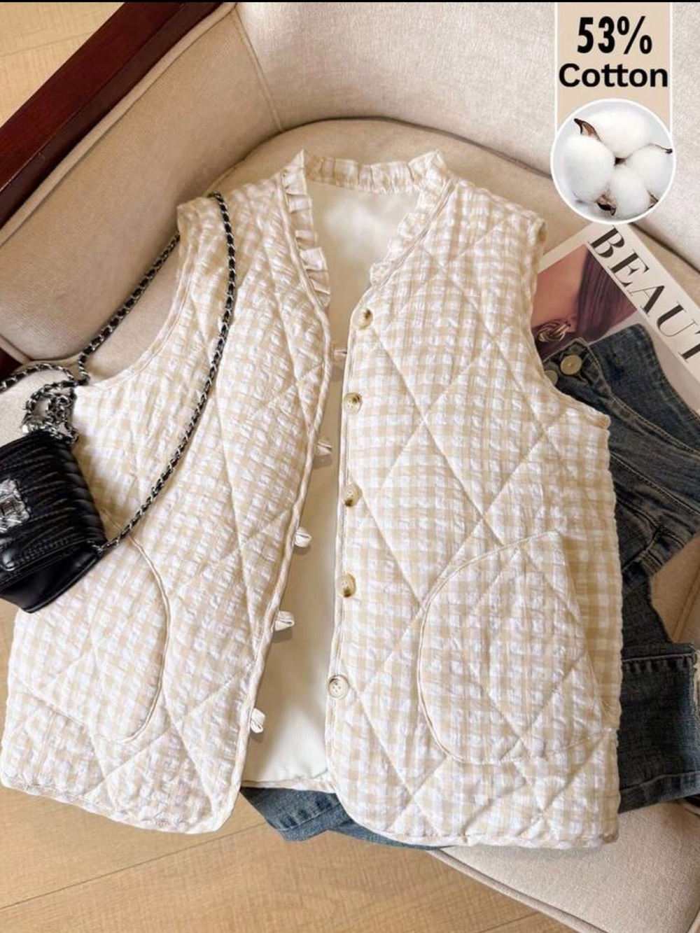 Women's Plaid Single-Breasted Ruffle V-Neck Casual Vest Jacket, Winter